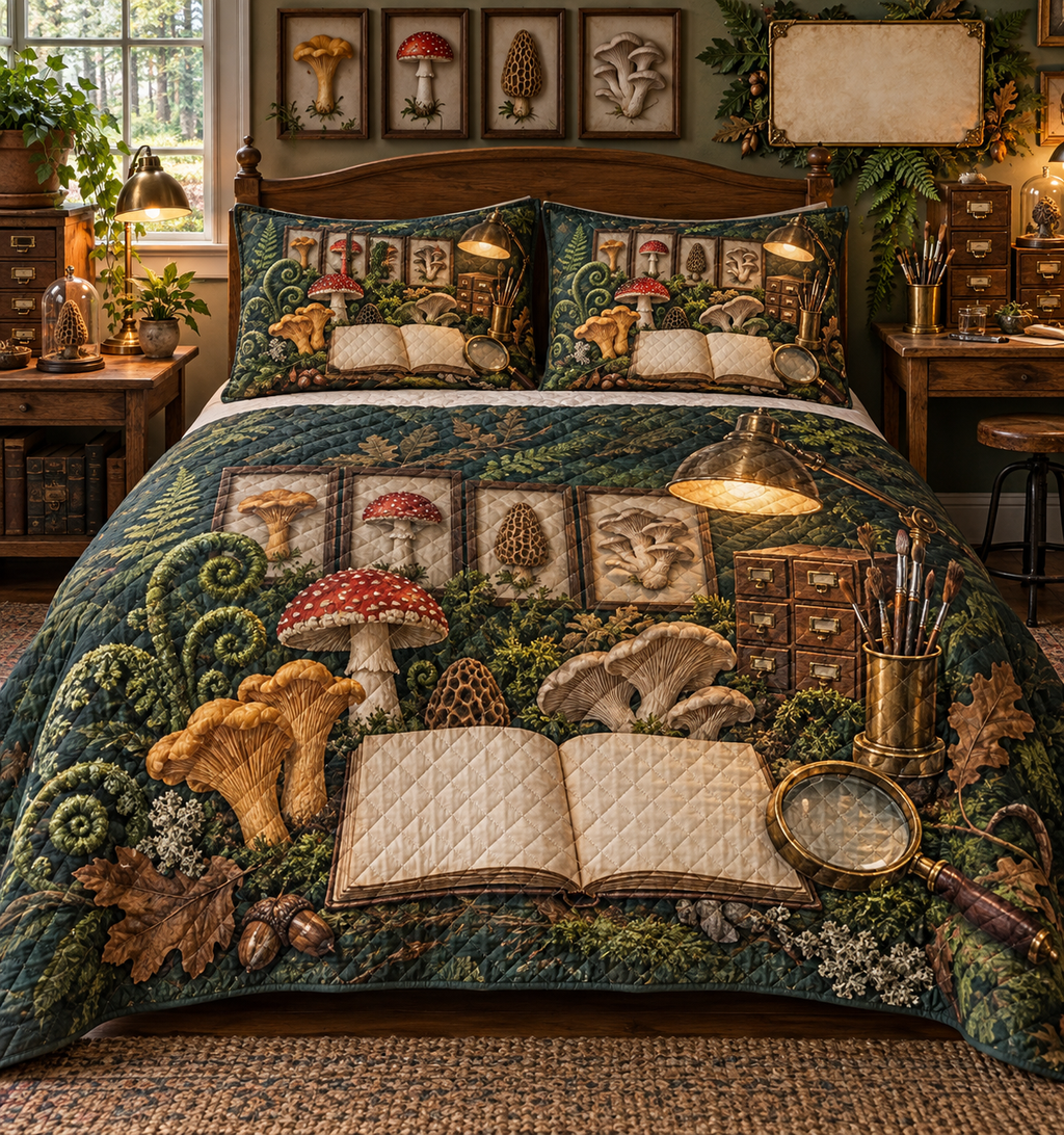 One quilted bedding set with a blank field journal, mushroom specimen frames, woodland mushrooms, artist brushes, specimen drawers, magnifying glass and blank parchment name plaque.