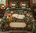 One quilted bedding set with a blank field journal, mushroom studies, woodland mushrooms, tea cups, honey jar, botanical gift sprig, amber lantern and blank parchment name plaque.