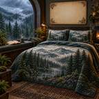 One quilted bedding set with a rain-speckled arched window overlooking a misty evergreen forest, cushioned reading bench, blank open book, steaming mug, knit throw, brass lamp and blank parchment name plaque.