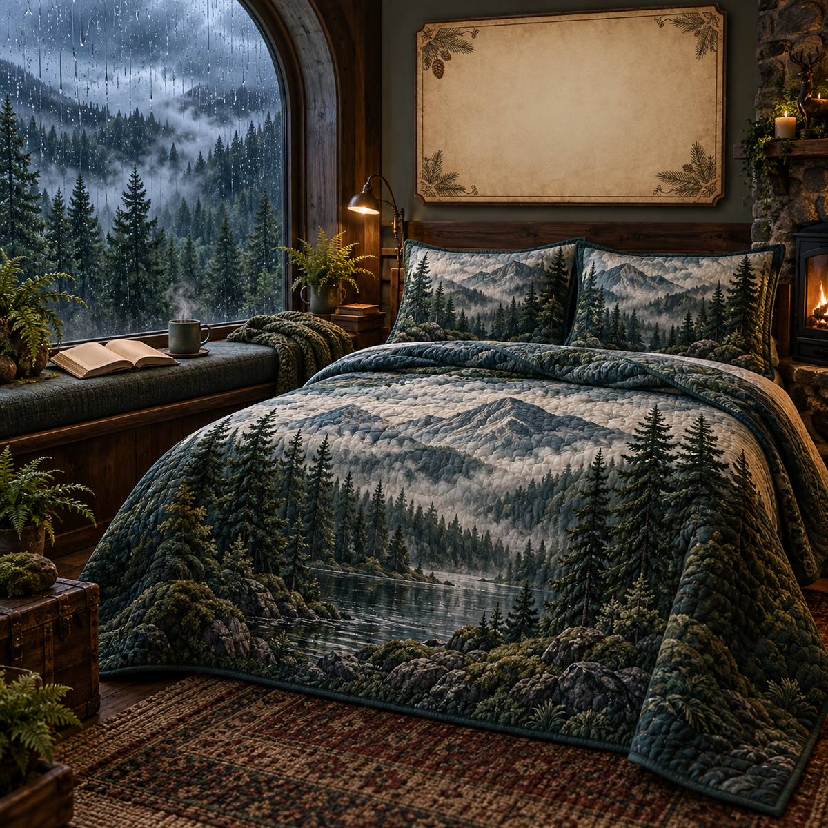 One quilted bedding set with a rain-speckled arched window overlooking a misty evergreen forest, cushioned reading bench, blank open book, steaming mug, knit throw, brass lamp and blank parchment name plaque.