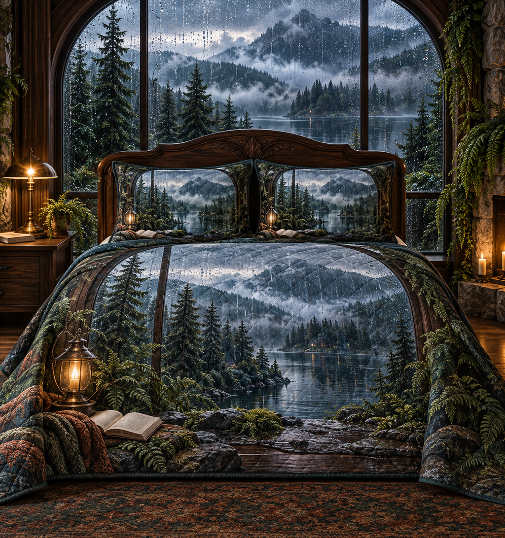 One quilted bedding set with a floor-to-ceiling rain-speckled arched window overlooking misty evergreen mountains and a dark reflective lake, ferns, warm brass lamp and blank parchment name plaque.