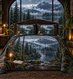 One quilted bedding set with a floor-to-ceiling rain-speckled arched window overlooking misty evergreen mountains and a dark reflective lake, ferns, warm brass lamp and blank parchment name plaque.
