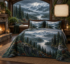 One quilted bedding set with a grand panoramic rain-speckled arched window overlooking a misty evergreen valley, silver river and distant mountains, brass lanterns and blank parchment name plaque.