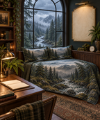 One quilted bedding set with a rain-covered arched window overlooking a misty pine forest and river, a walnut writing desk, blank notebook and parchment name plaque.