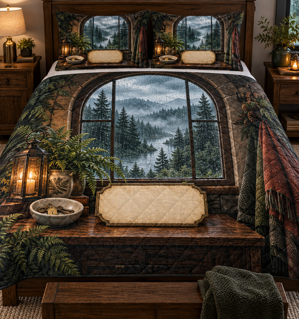 One quilted bedding set with a rainy arched window, misty pine forest, warm lantern, house key charm and blank parchment name plaque.