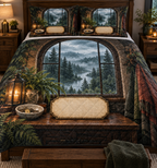 One quilted bedding set with a rainy arched window, misty pine forest, warm lantern, house key charm and blank parchment name plaque.
