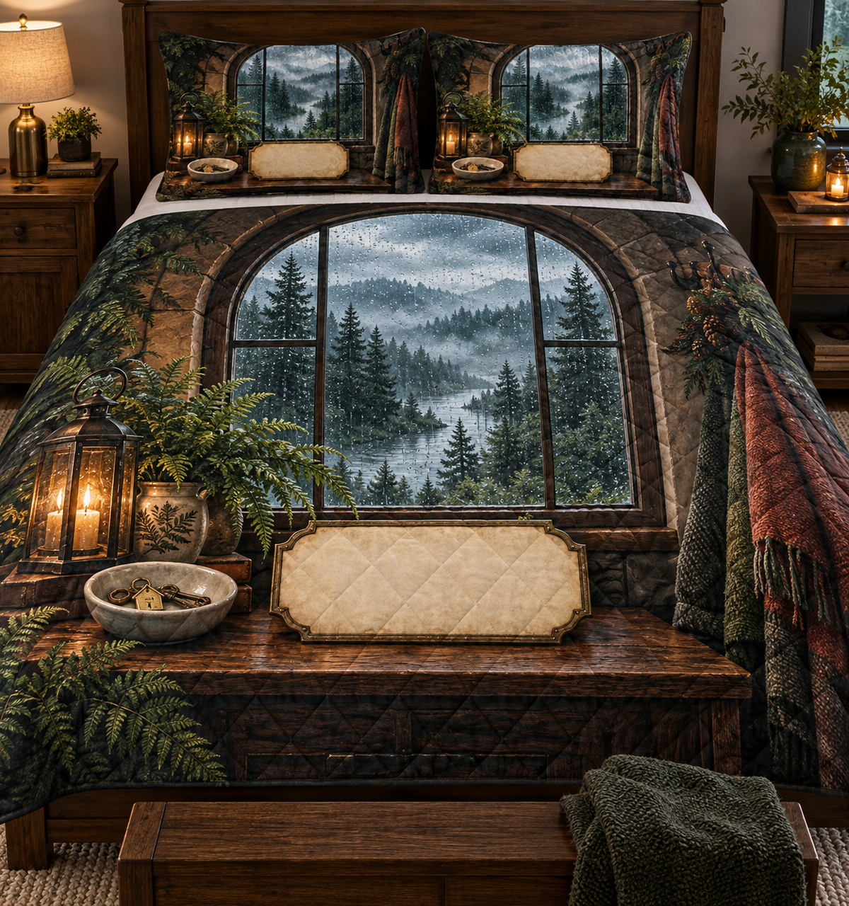 One quilted bedding set with a rainy arched window, misty pine forest, warm lantern, house key charm and blank parchment name plaque.