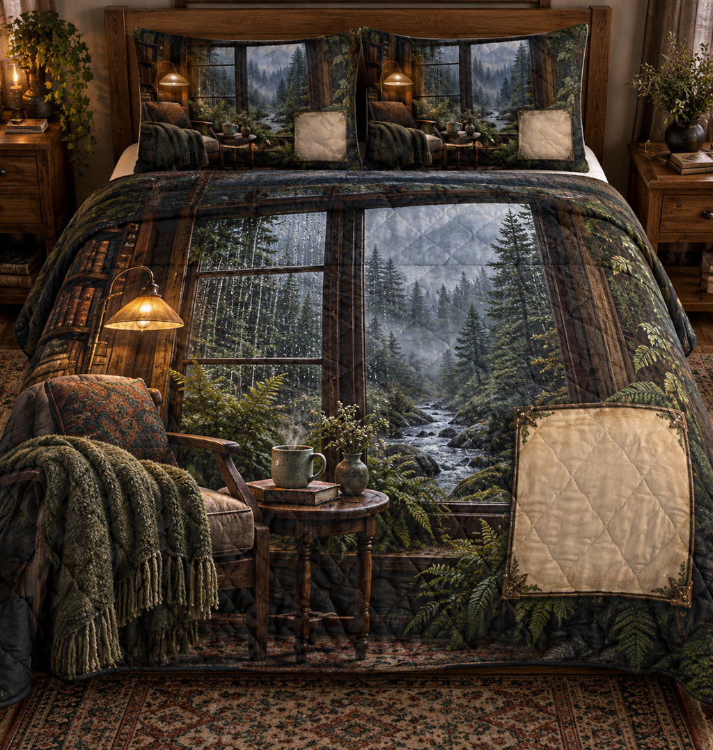 One quilted bedding set with a rain-beaded cottage window, foggy evergreens, reading chair, amber lamp and blank parchment name plaque.