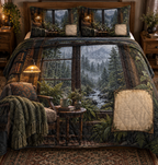 One quilted bedding set with a rain-beaded cottage window, foggy evergreens, reading chair, amber lamp and blank parchment name plaque.