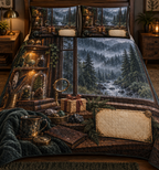 One quilted bedding set with a rain-streaked forest window, curated botanical specimens, polished stones, wrapped gift and blank parchment name plaque.