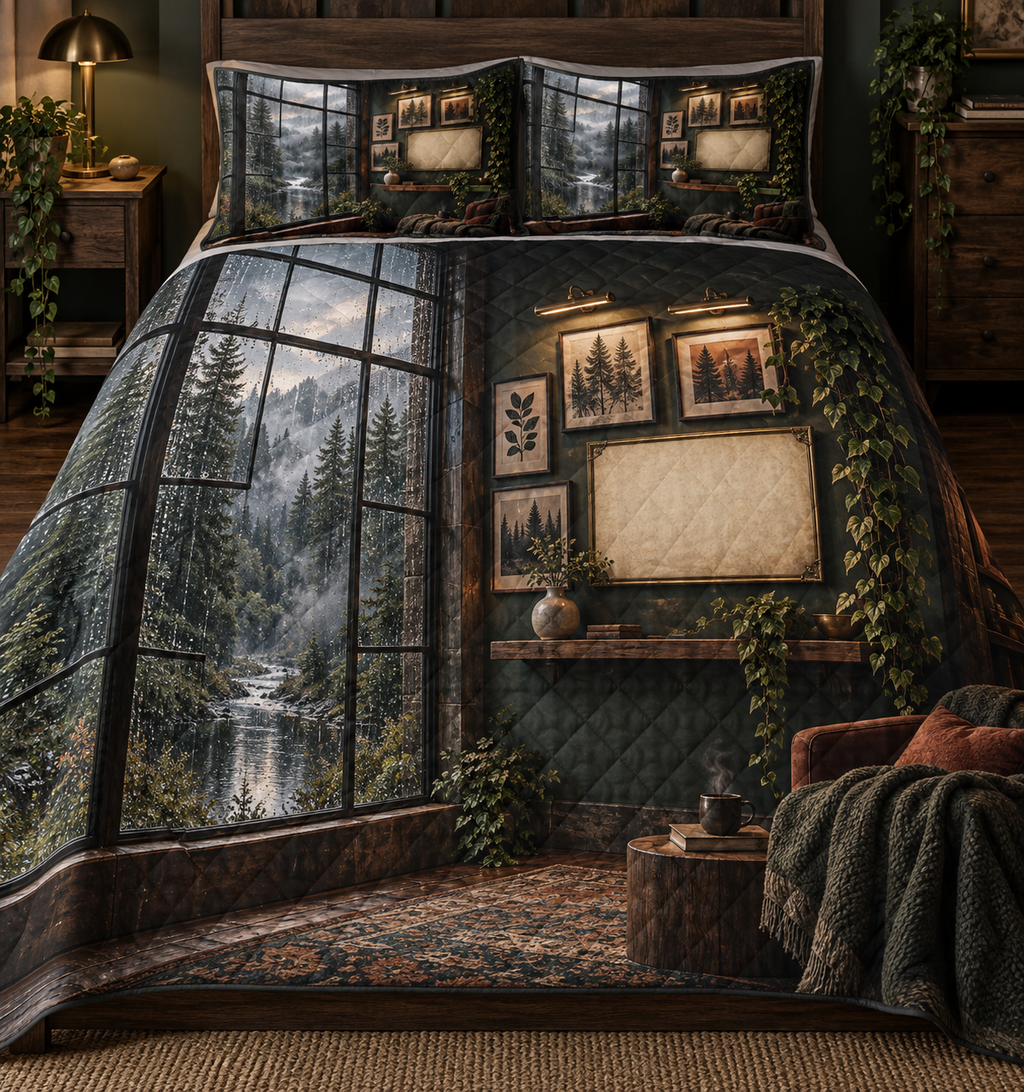 One quilted bedding set with a rain-beaded loft window, misty pine creek, botanical gallery wall, warm picture lights and blank parchment name plaque.