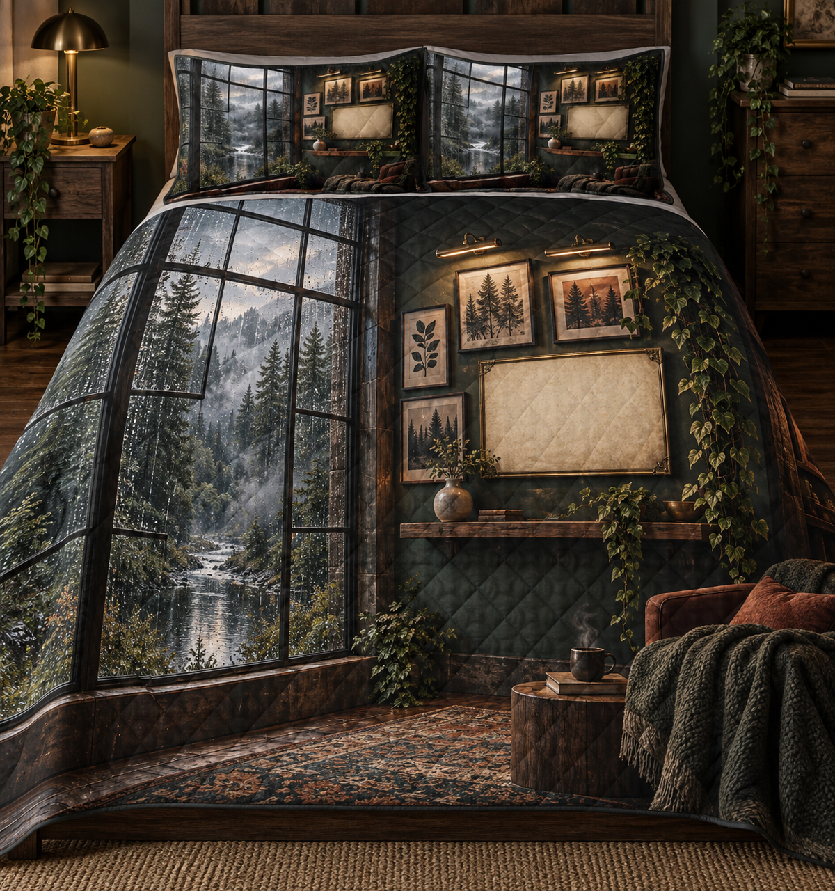 One quilted bedding set with a rain-beaded loft window, misty pine creek, botanical gallery wall, warm picture lights and blank parchment name plaque.