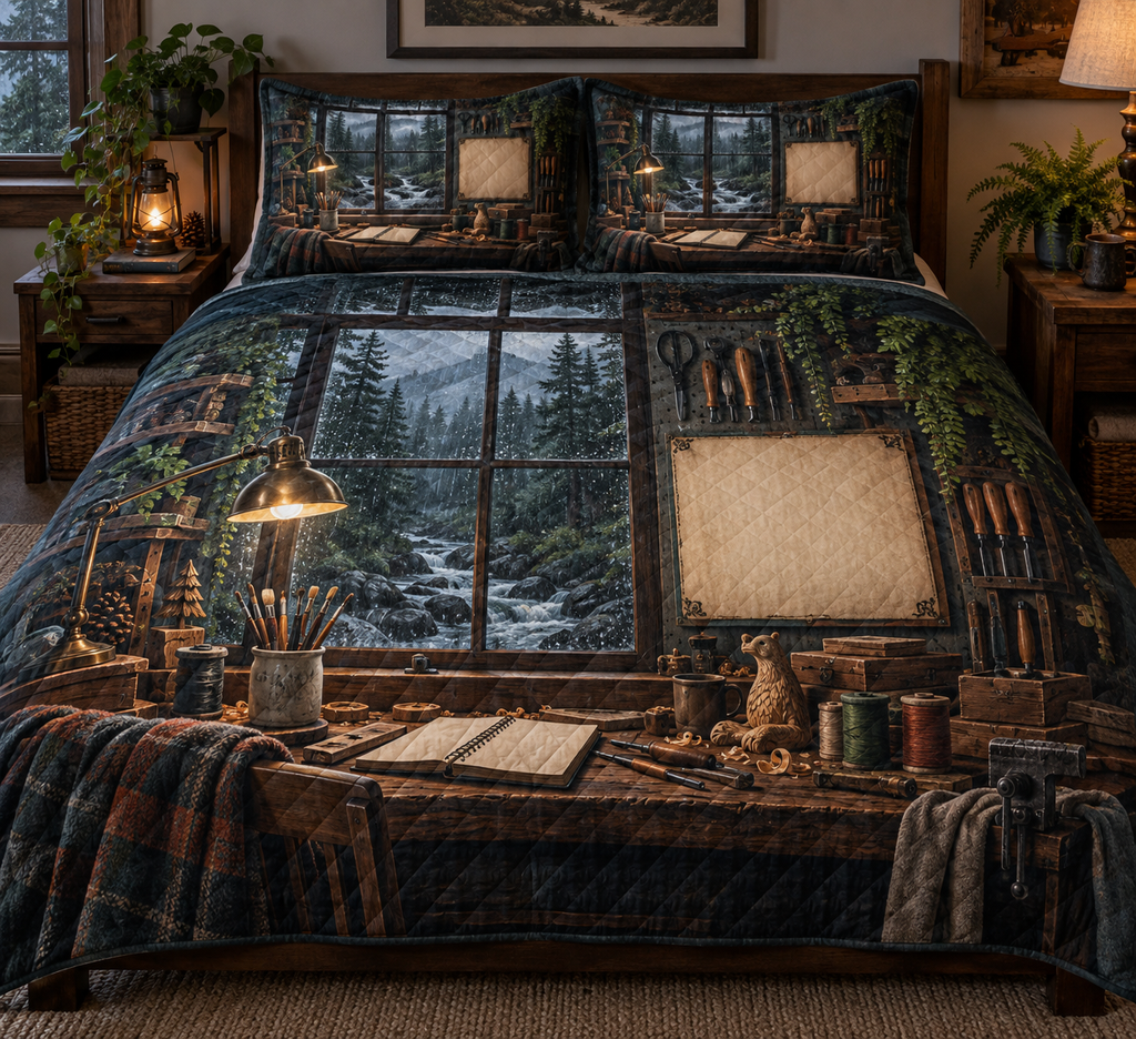 One quilted bedding set with a rain-speckled workshop window, pine creek, maker tools, brass lamp and blank parchment name plaque.