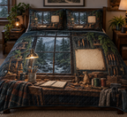 One quilted bedding set with a rain-speckled workshop window, pine creek, maker tools, brass lamp and blank parchment name plaque.