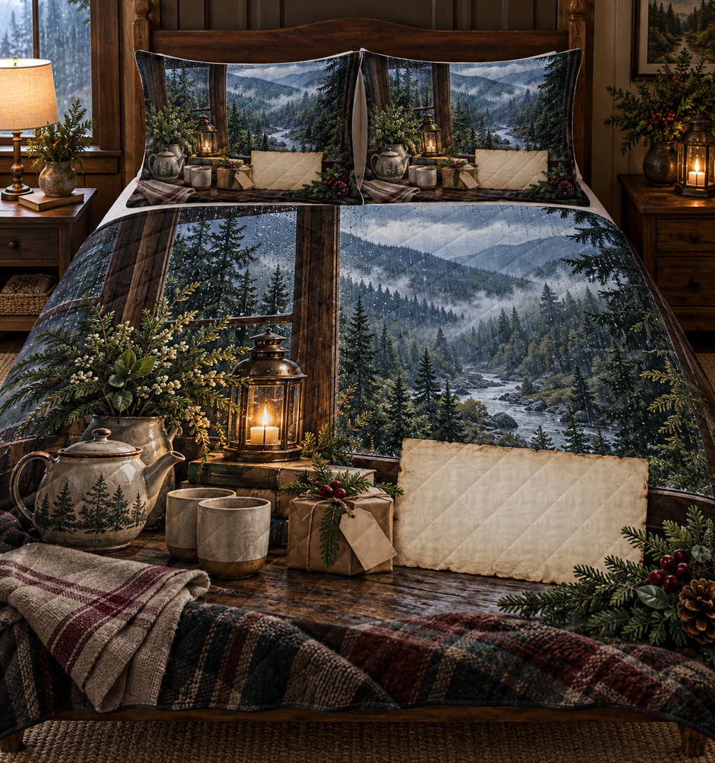 One quilted bedding set with a rain-dappled forest window, tea service, woodland bouquet, wrapped gift and blank parchment name plaque.