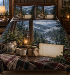 One quilted bedding set with a rain-dappled forest window, tea service, woodland bouquet, wrapped gift and blank parchment name plaque.