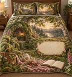 One quilted bedding set with a woodland tea picnic, mossy reading alcove, wildflowers, strawberries and blank parchment name plaque.