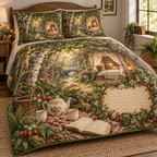 One quilted bedding set with a woodland tea picnic, dreamy canopy-bed retreat, wildflowers, strawberries and blank parchment name plaque.