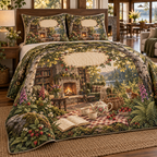 One quilted bedding set with a woodland tea picnic, stone-fireplace lounge, wildflowers, strawberries and blank parchment name plaque.
