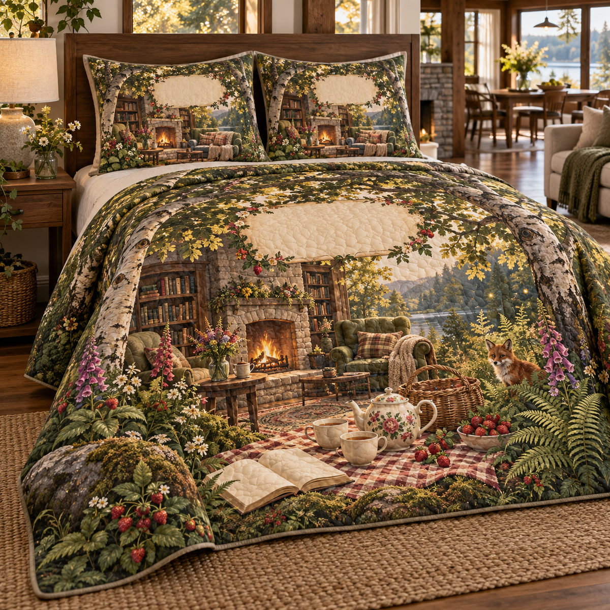 One quilted bedding set with a woodland tea picnic, stone-fireplace lounge, wildflowers, strawberries and blank parchment name plaque.