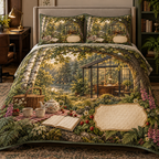 One quilted bedding set with a woodland tea picnic, glass-walled writing studio, wildflowers, strawberries and blank parchment name plaque.