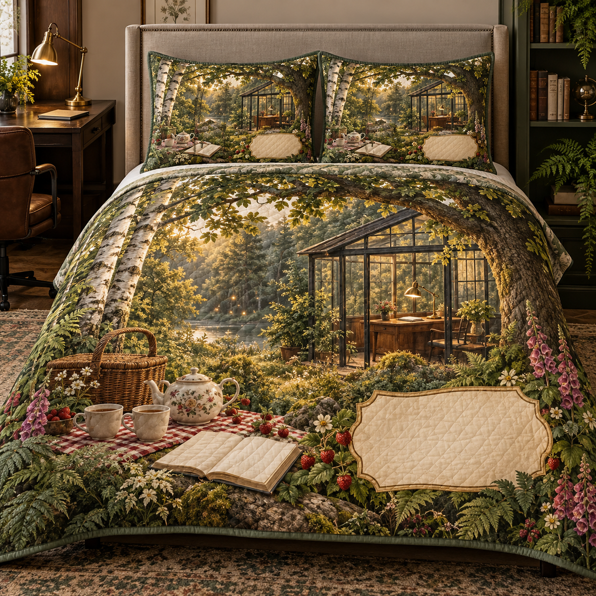 One quilted bedding set with a woodland tea picnic, glass-walled writing studio, wildflowers, strawberries and blank parchment name plaque.