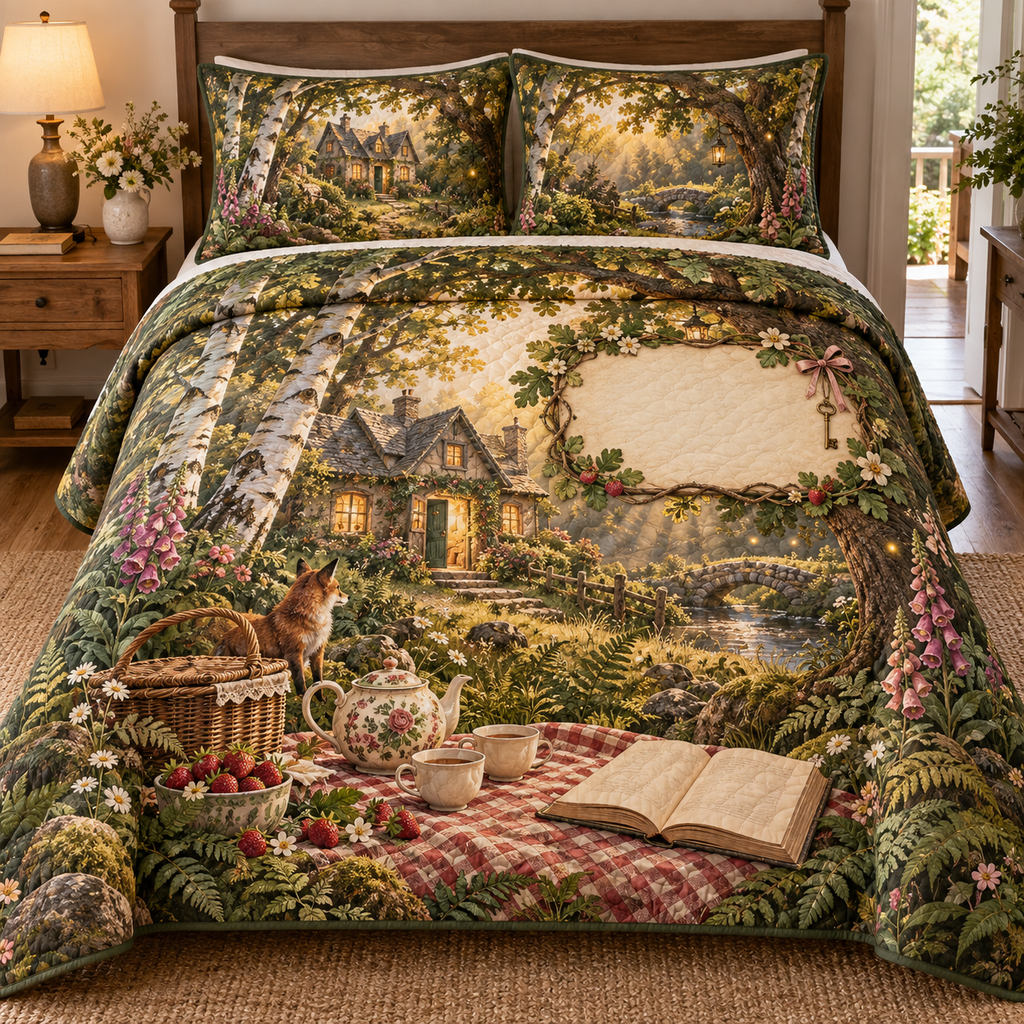 One quilted bedding set with a woodland tea picnic, welcoming cottage, key, wildflowers, strawberries and blank parchment name plaque.