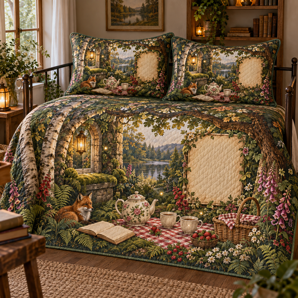 One quilted bedding set with a woodland tea picnic, lantern-lit window seat, wildflowers, strawberries and blank parchment name plaque.