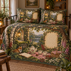 One quilted bedding set with a woodland tea picnic, lantern-lit window seat, wildflowers, strawberries and blank parchment name plaque.