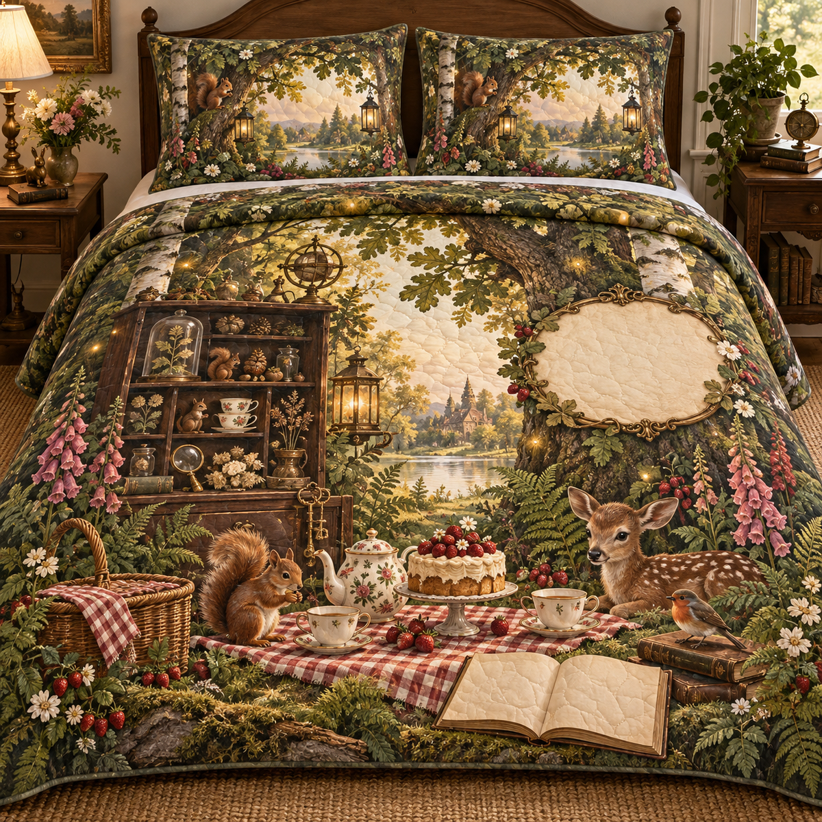 One quilted bedding set with a woodland tea picnic, curiosity cabinet, berry cake, botanical specimens and blank parchment name plaque.