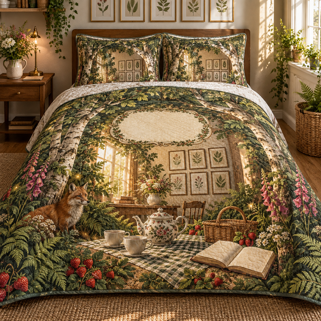 One quilted bedding set with a woodland tea picnic, apartment botanical gallery, wildflowers, strawberries and blank parchment name plaque.