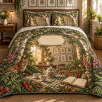 One quilted bedding set with a woodland tea picnic, apartment botanical gallery, wildflowers, strawberries and blank parchment name plaque.