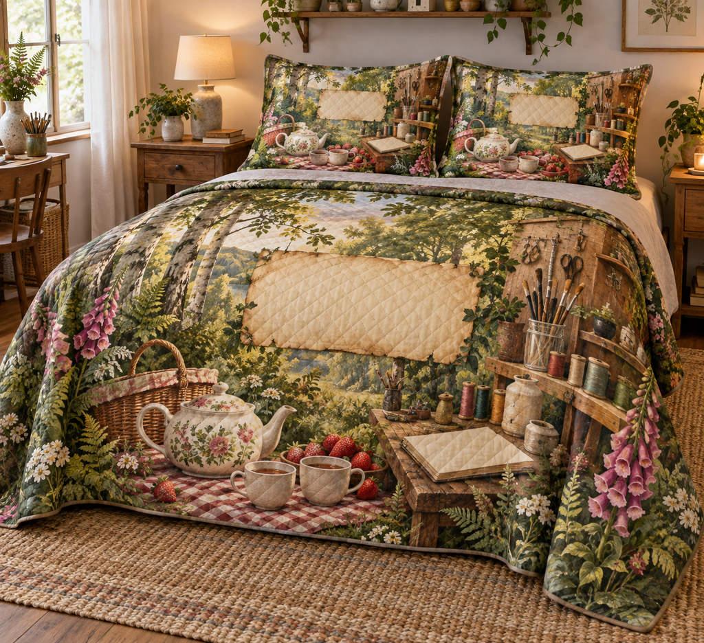 One quilted bedding set with a woodland tea picnic, home hobby studio, creative tools and blank parchment name plaque.