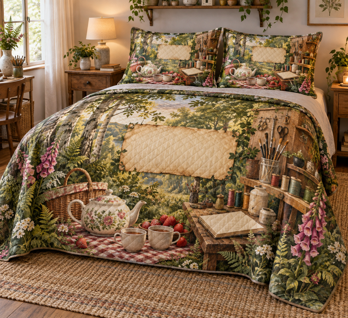 One quilted bedding set with a woodland tea picnic, home hobby studio, creative tools and blank parchment name plaque.