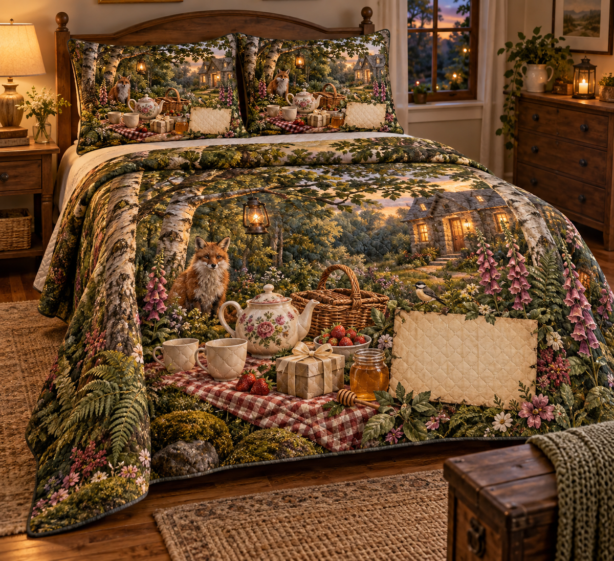 One quilted bedding set with a welcoming woodland tea picnic, cottage lights, plain gift and blank parchment name plaque.