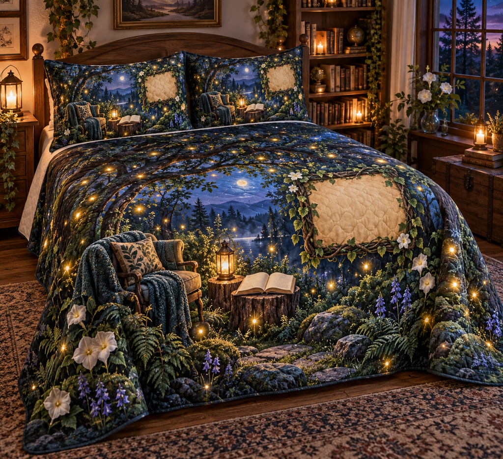 One quilted bedding set with a twilight firefly clearing, cozy reading chair, blank book pages and parchment name plaque.
