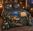 One quilted bedding set with a twilight firefly clearing, cozy reading chair, blank book pages and parchment name plaque.