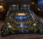One quilted bedding set with a dramatic moonlit firefly clearing, reflecting pool and blank parchment name plaque.