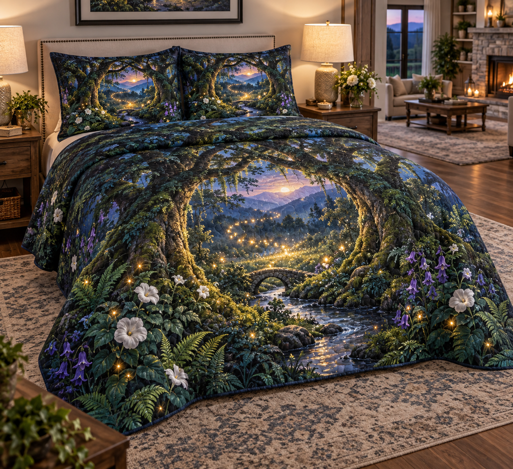 One quilted bedding set with a grand firefly clearing, tiny stone bridge, winding stream and blank parchment name plaque.