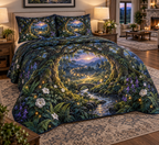 One quilted bedding set with a grand firefly clearing, tiny stone bridge, winding stream and blank parchment name plaque.