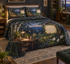 One quilted bedding set with a twilight firefly clearing, refined home-office study and blank parchment name plaque.