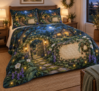 One quilted bedding set with a glowing firefly cottage, arched gate, antique key and blank parchment name plaque.