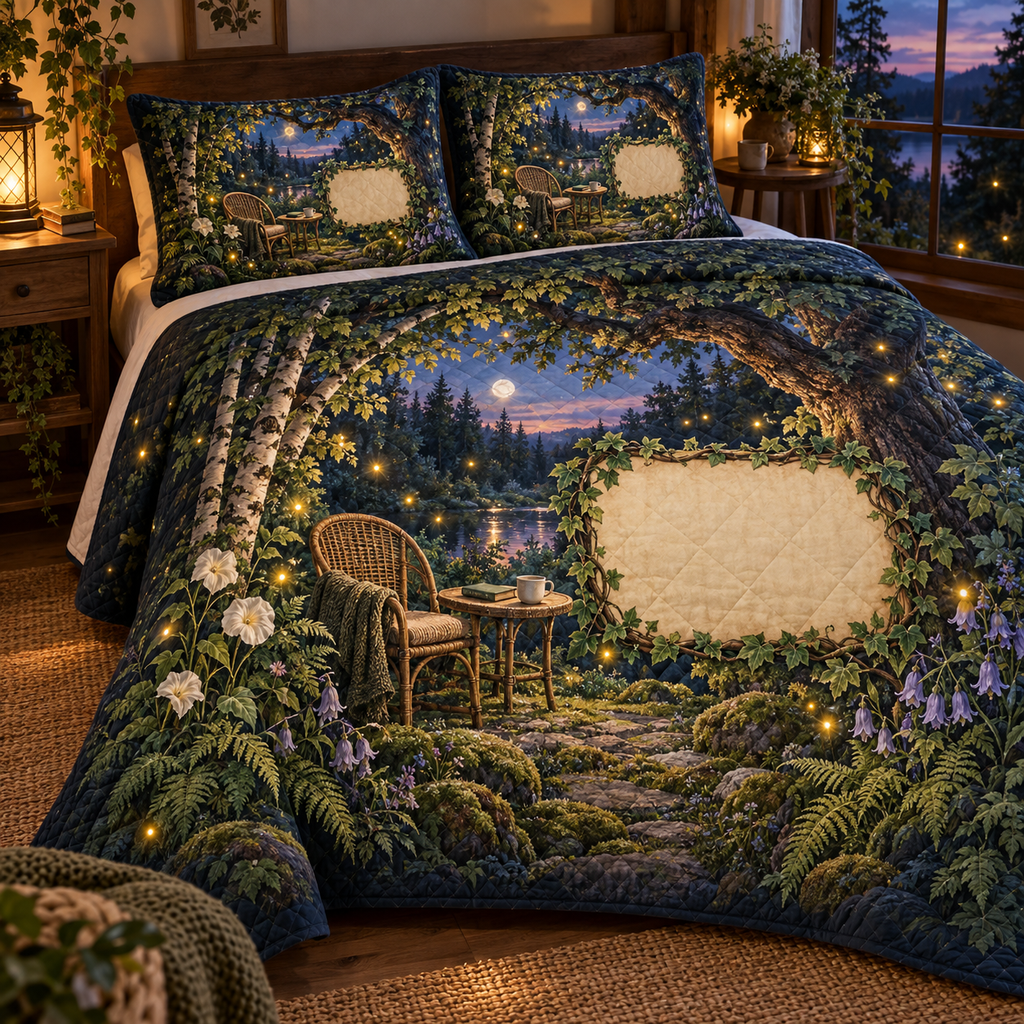 One quilted bedding set with a tranquil firefly clearing, rattan chair, side table and blank parchment name plaque.