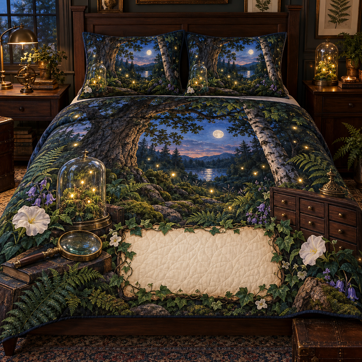 One quilted bedding set with a firefly clearing, brass magnifying glass, glass cloche, collector drawers and blank parchment name plaque.