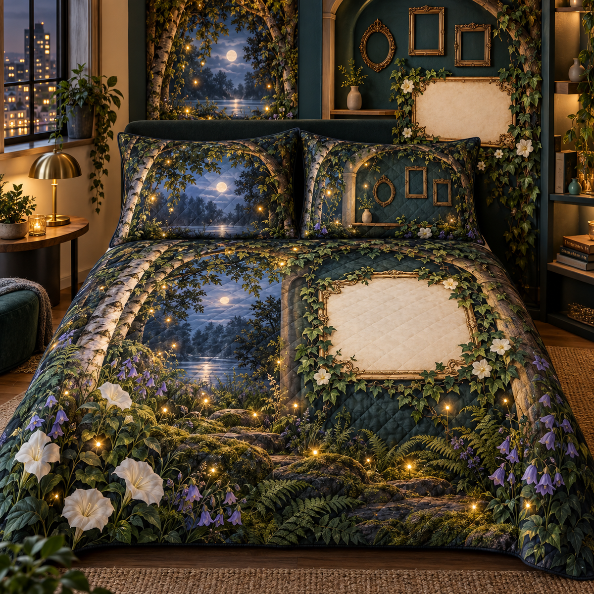 One quilted bedding set with a firefly clearing, compact gallery alcove, empty frames and blank parchment name plaque.