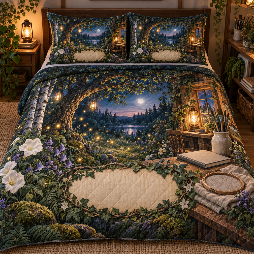 One quilted bedding set with a firefly clearing, embroidery hoop, paintbrush jar, blank sketchbook and blank parchment name plaque.