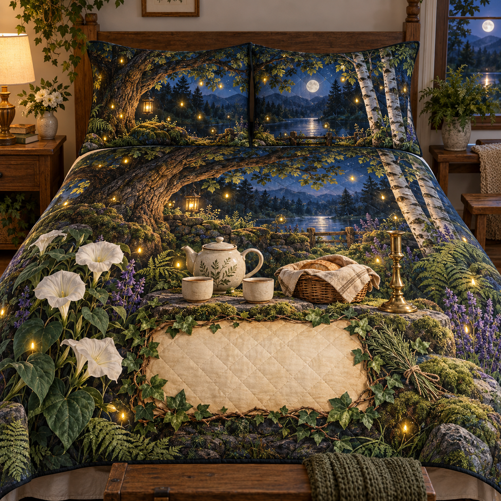 One quilted bedding set with a firefly clearing, ceramic tea set, covered bread basket, rosemary sprig and blank parchment name plaque.