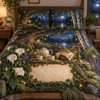 One quilted bedding set with a firefly clearing, ceramic tea set, covered bread basket, rosemary sprig and blank parchment name plaque.