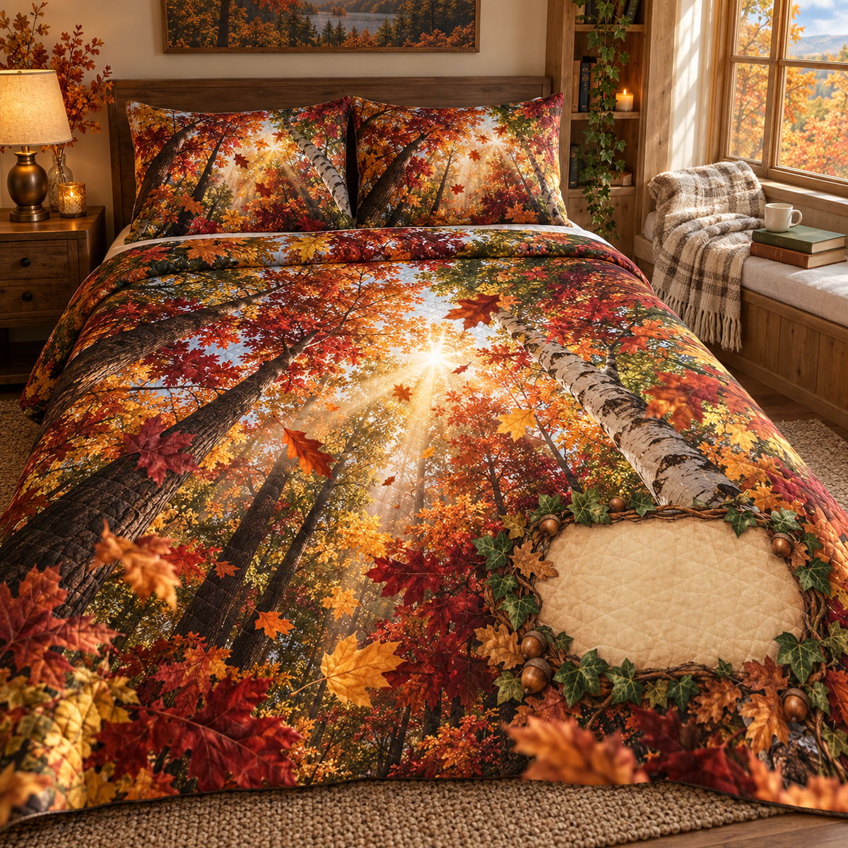 One quilted bedding set with a sunlit autumn canopy, cozy window-seat reading nook and blank parchment name plaque.