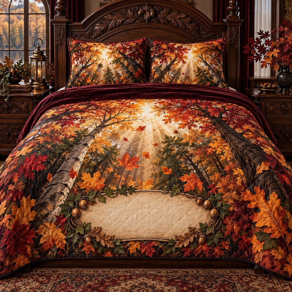 One quilted bedding set with a dramatic autumn canopy, carved walnut arch, brass lantern and blank parchment name plaque.